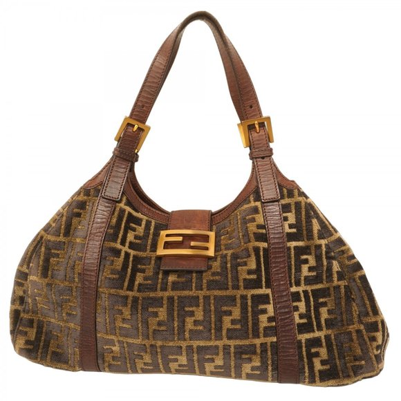 Fendi Shoulder Bag Zucca Velour Brown Women's - Picture 1 of 10